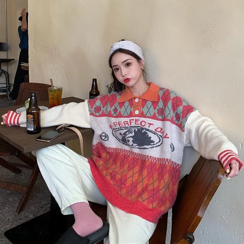 

Vintage Angle Print Polo Collar Christmas Knitted Women Pullover Sweaters Winter Green Striped Sleeve Casual Lady Knitwear Tops