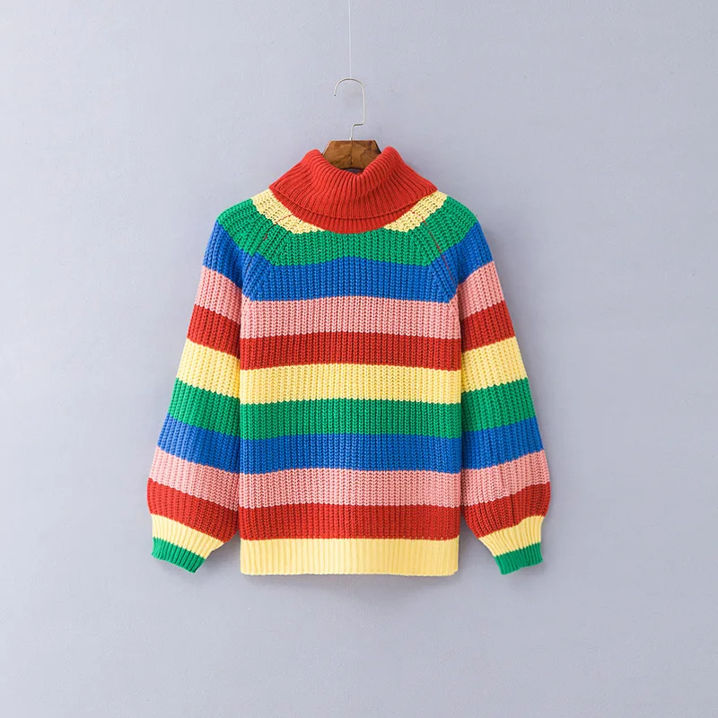 Woherb, свободный Зимний толстый пуловер с высоким воротом, женский Harajuku Радужный свитер, повседневный полосатый трикотажный джемпер, Sueter Mujer