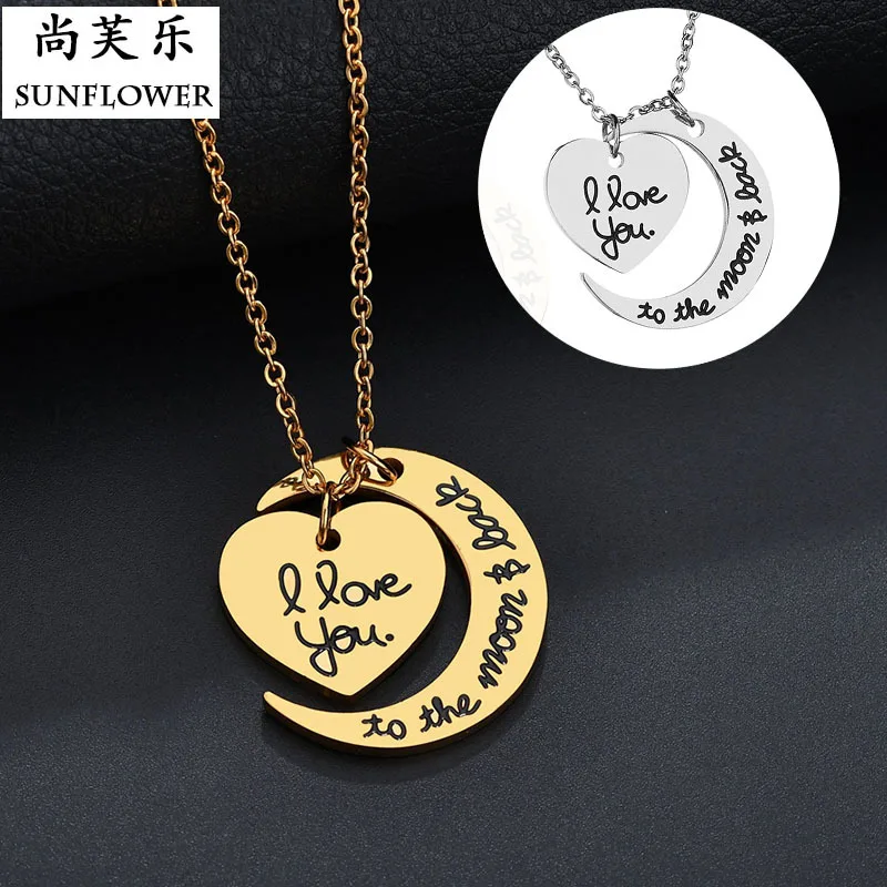 

Europe And America Popular Ornament Stainless Heart Moon Couples Double Pendant Necklace ILOVEYOU Versatile Hot Models