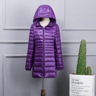 Новая зимняя Ультра Легкая белая куртка на утином пуху Женская тонкая Длинная Парка женская теплая парка зимняя верхняя одежда плюс размер 7XL - Цвет: Фиолетовый