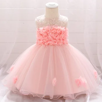

Newborn Infant Baby Girl Dress Mesh Midi Sleeveless Flower See-Through Round Collar Lace High Waist Flared Princess Dresses