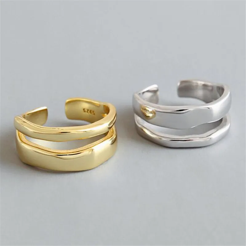New Fresh Simple Irregular Double-layer Smooth Wave 925 Sterling Silver Jewelry Personality Geometric Opening Rings SR563 afbeelding