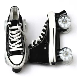 2021 4 Wheels Canvas Girls Flashing Skate Quad Roller Skating Shoes Sneakers 2 Row Line Outdoor Gym Sports Women Men Euro Size