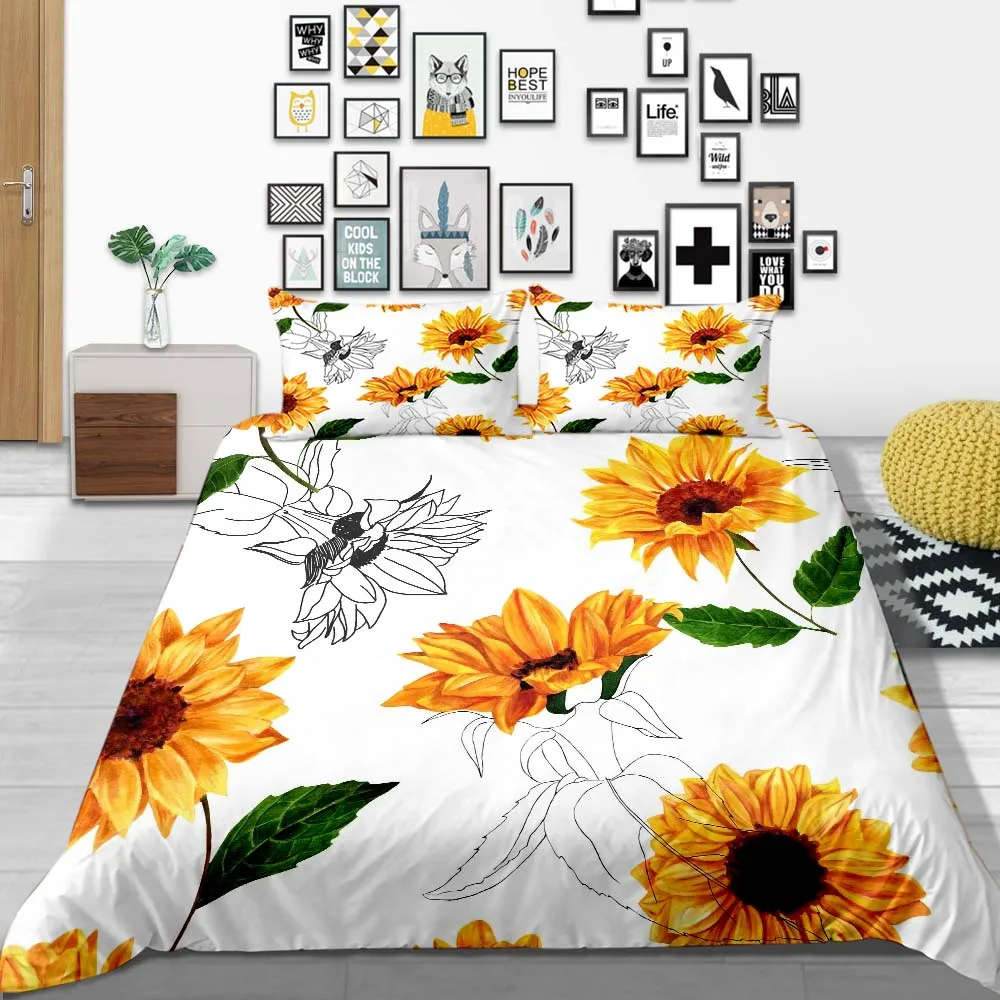 Thumbedding Sunflower Bedding Set King Artistic Nature 3D Duvet Cover