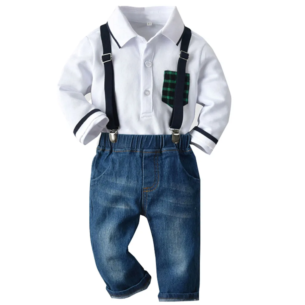 Комплекты одежды джентльмена для детей, клетчатая футболка, Топы, джинсовые штаны на подтяжках, костюм, осенний комплект одежды с длинными рукавами для маленьких мальчиков - Цвет: White