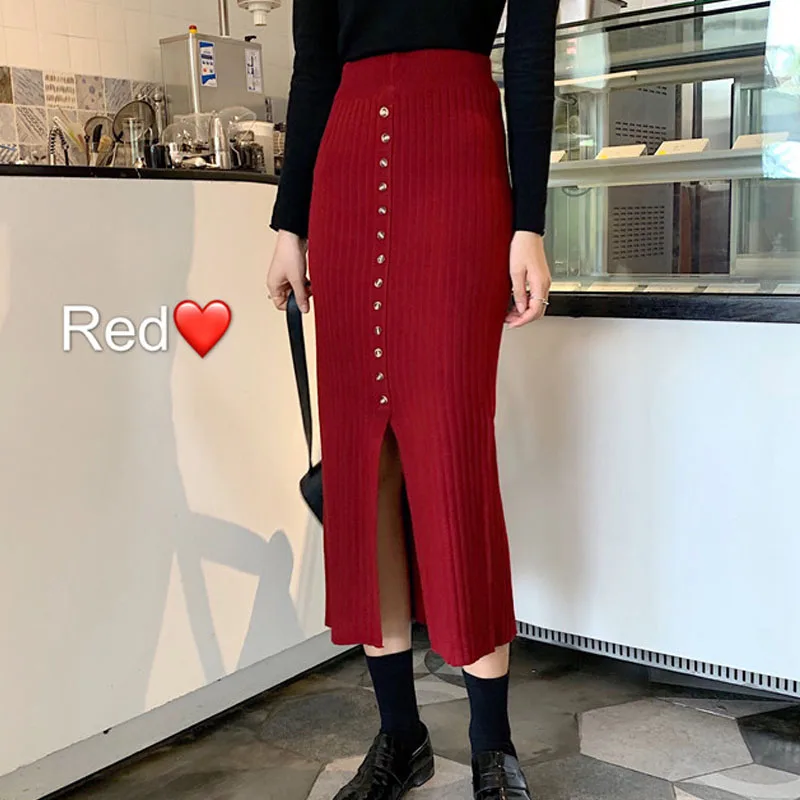 red skirt Элегантный свитер Jupe Hiver Femme с эластичным поясом на одной пуговице, сексапильная юбка Bnadage, женские осенние зимние вязаные юбки для женщин - Цвет: red skirt