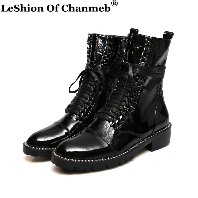 

Street Style Punk Metal Chain Combat Boots for Women Lace up Rivets Thick Sole Military Boots Woman Riding Motorcycle Boots Shoe