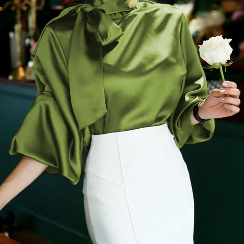 Cellumia, осенняя Женская однотонная винтажная атласная блузка с рукавами-фонариками, свободные элегантные блузы с галстуком-бабочкой на шее, топы, вечерние Рубашки для офиса - Цвет: Зеленый