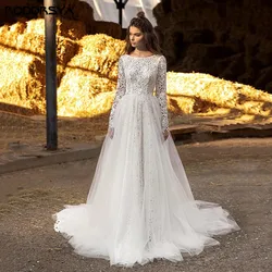 RODDRSYA Boho Long Sleeve Wedding Dresses Lace A Line Scoop Neck Tulle Vestidos De Novia Sexy Backless Beach Bridal Gowns