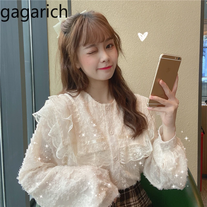 

Gagarich Sweet Women Lace Blouse Korean Loose Puff Sleeve Button Sailor Collar Tops Ladies 2020 Spring New Fashion Bottom Shirts