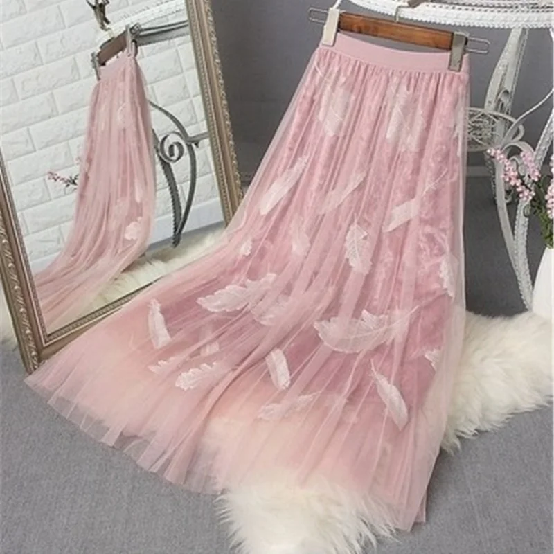 

Mesh Mid-length Skirt Women's New High-waist All-match Feather Embroidery Three-layer Pleated Fairy Skirt
