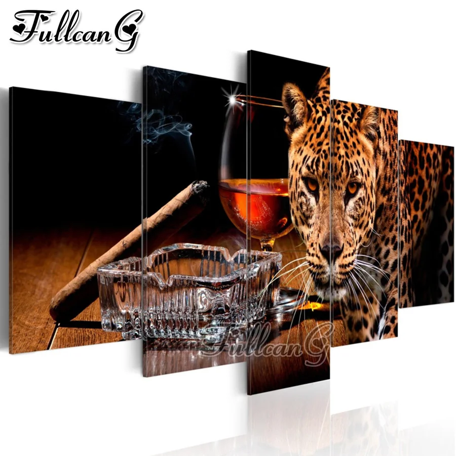 FULLCANG 5 piece diy diamond painting leopard cigar full square/round drill animals mosaic embroidery sale needlework kit FC2291 | Дом и сад