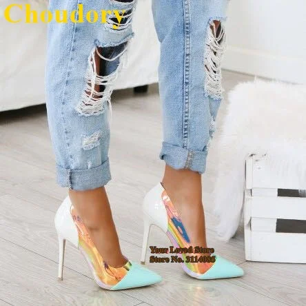 PVC炫彩拼色尖头单鞋 (8)