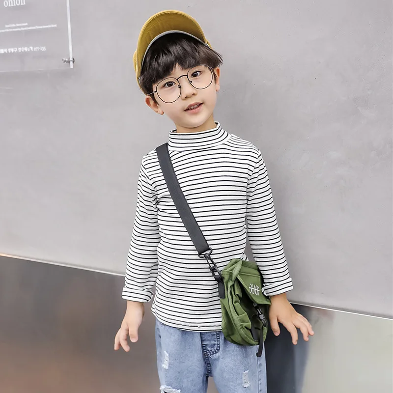 ActhInK/зимняя футболка для мальчиков, Enfant, свитер с воротником средней длины, топы с длинными рукавами для маленьких детей, модная Однотонная футболка в полоску - Цвет: White