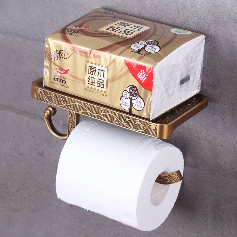 Toilet Paper Holder With Phone Shelf Storage Wall Mounted Antique Carved Retro Bathroom Hardware Vintage Roll Towel Hanging Rack