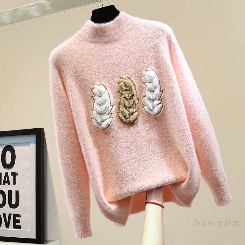 

Leaf Patch Sequined Sweater Woman 2020 Autumn and Winter Korean Style Loose Slim-Looking Turtleneck Mohair Sweaters Knitwear Top