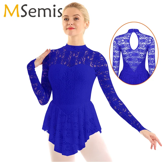 US $14.99 Women Figure Ice Skating Dress Roller Skating Clothes Mock Neck Long Sleeve Lace Roller Skating Bal