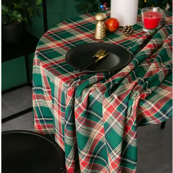 

New Year Christmas Tablecloth Rectangle Cover Towel Decoration Polyester Cotton Fabric Plaid Round Home Party Modern Simple