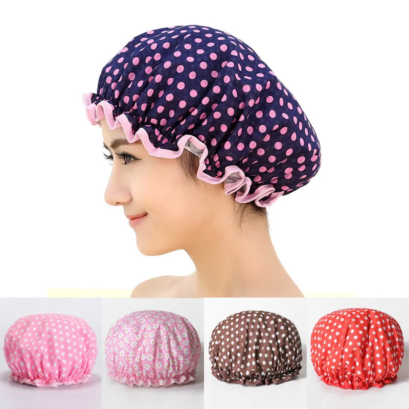 

Waterproof Shower Hair Cover PEVA Women Supplies Bathroom Accessories 1Pcs Bath Hat Double Layer Shower Caps
