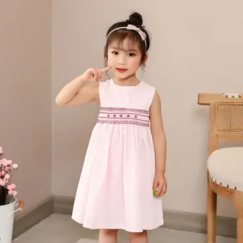 

Kids Smocked Dresses for Girls Summer Children Hand Made Smocking Pink Cotton Dress with Button Toddler Boutique Clothes