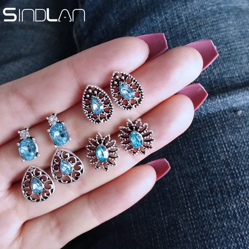 

Sindlan 4 Pairs Big Water Drop Blue Crystal Stud Earrings Set Vintage Palace Women Luxury Earrings for Girls Lady Ear Jewelry