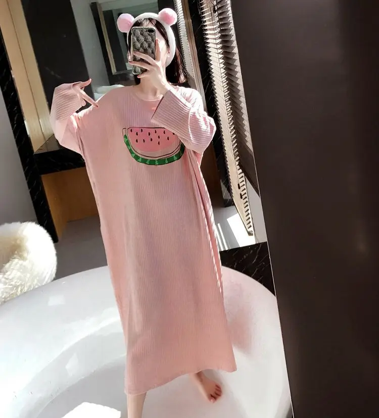 

Nightgown Women's Long Sleeve Autumn & Winter Powder Big Watermelon M -Xxl Sunken Stripe Cloth Series 2-