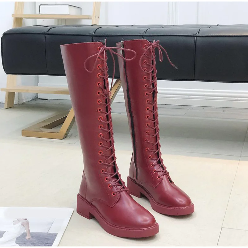 Autumn New Women Mid Calf Boots Low Heel Ladies Lace Up Cross Tied Round Toe Platform Motorcycle Long Boots Female Fashion Shoes