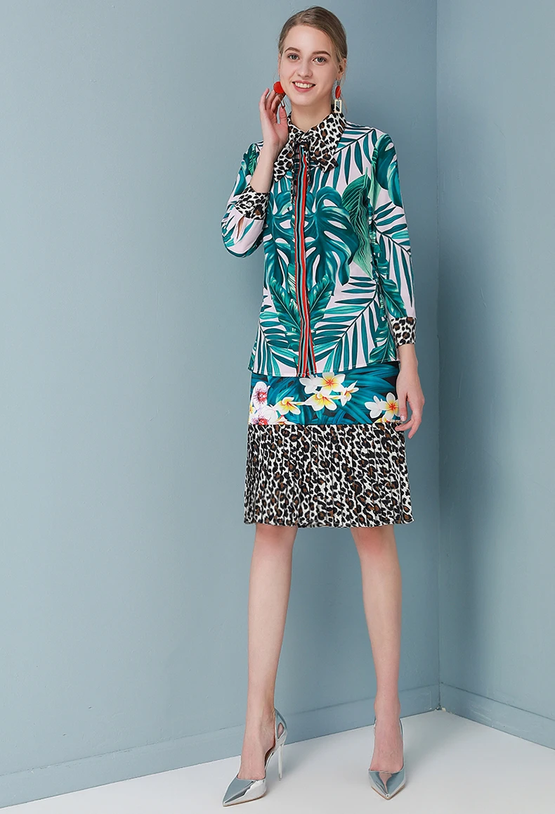 Модный дизайнерский комплект moaayina, весна-лето, женская рубашка с длинным рукавом и принтом в виде зеленых листьев, топы+ плиссированная юбка, комплект из двух предметов для отпуска