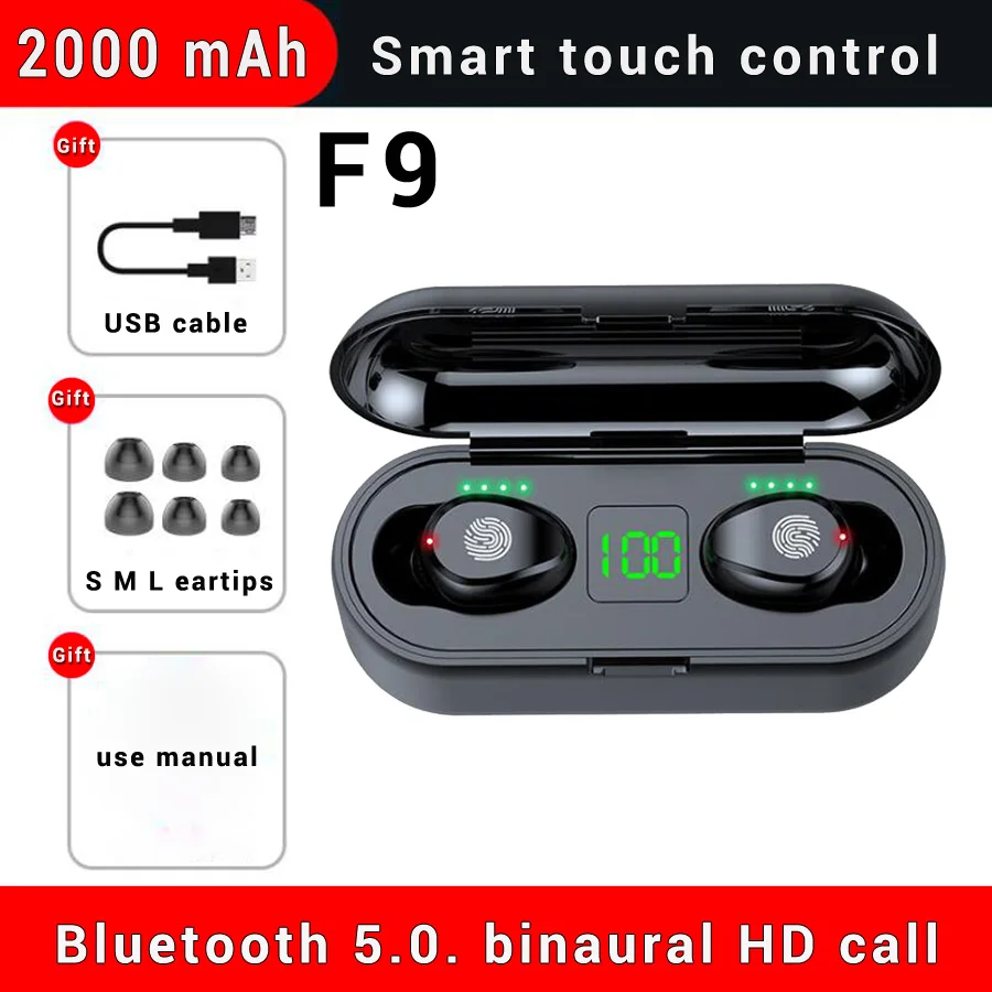 TWS 5,0, Bluetooth беспроводные наушники, Спортивная блютуз наушники стерео беспроводные гарнитура с микрофоном, 2000 мА/ч, внешний аккумулятор - Цвет: F9-1 2000 mAh