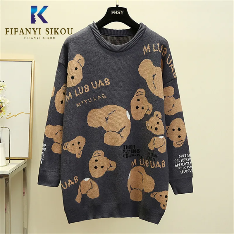 O-Neck Knitting Sweater Women Autumn Winter Fashion Long sleeve Pullover Loose Thick Warm Tops Cartoon Bear Knit Sweaters Female | Женская
