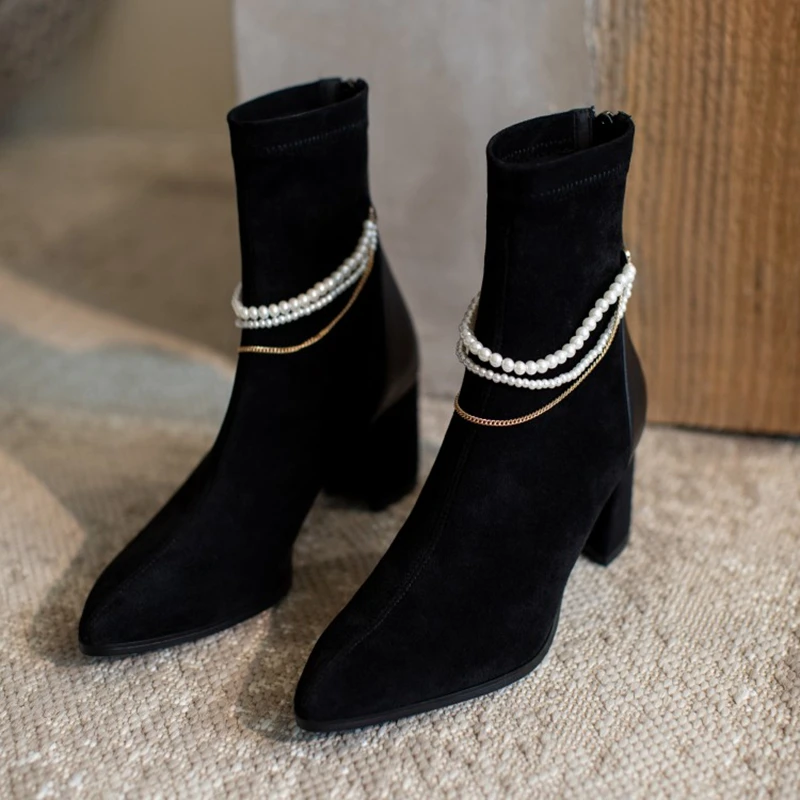 

2020 winter simple women shoes suede pointed toe shaped heel beaded mid-calf boots zipper fashion boots for woman black boots