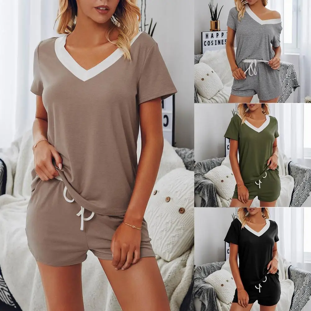 Summer Shorts Pajama Sets Women Two-Piece Suit V Neck Fashion Short Sleeve Loose Casual Sleepwear T-Shirts Homewear 1