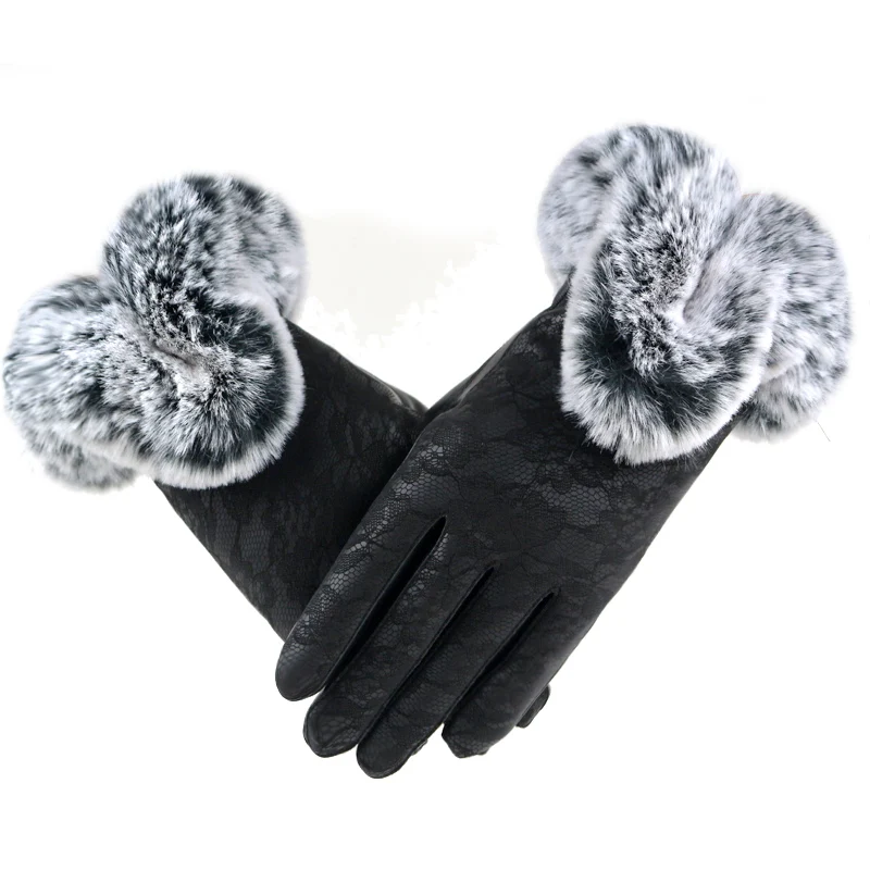 Новое поступление, женские утепленные перчатки, модные женские кружевные зимние кожаные перчатки из искусственной кожи, теплые элегантные варежки из искусственного меха, женские перчатки