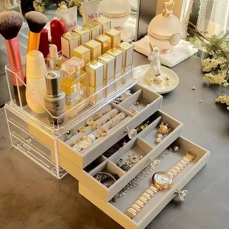 Jewelry Organizer Boxes Lipstick Makeup Storage Case Earrings Ring Necklace Gray Velvet Storage Case Display Stand Women Gifts