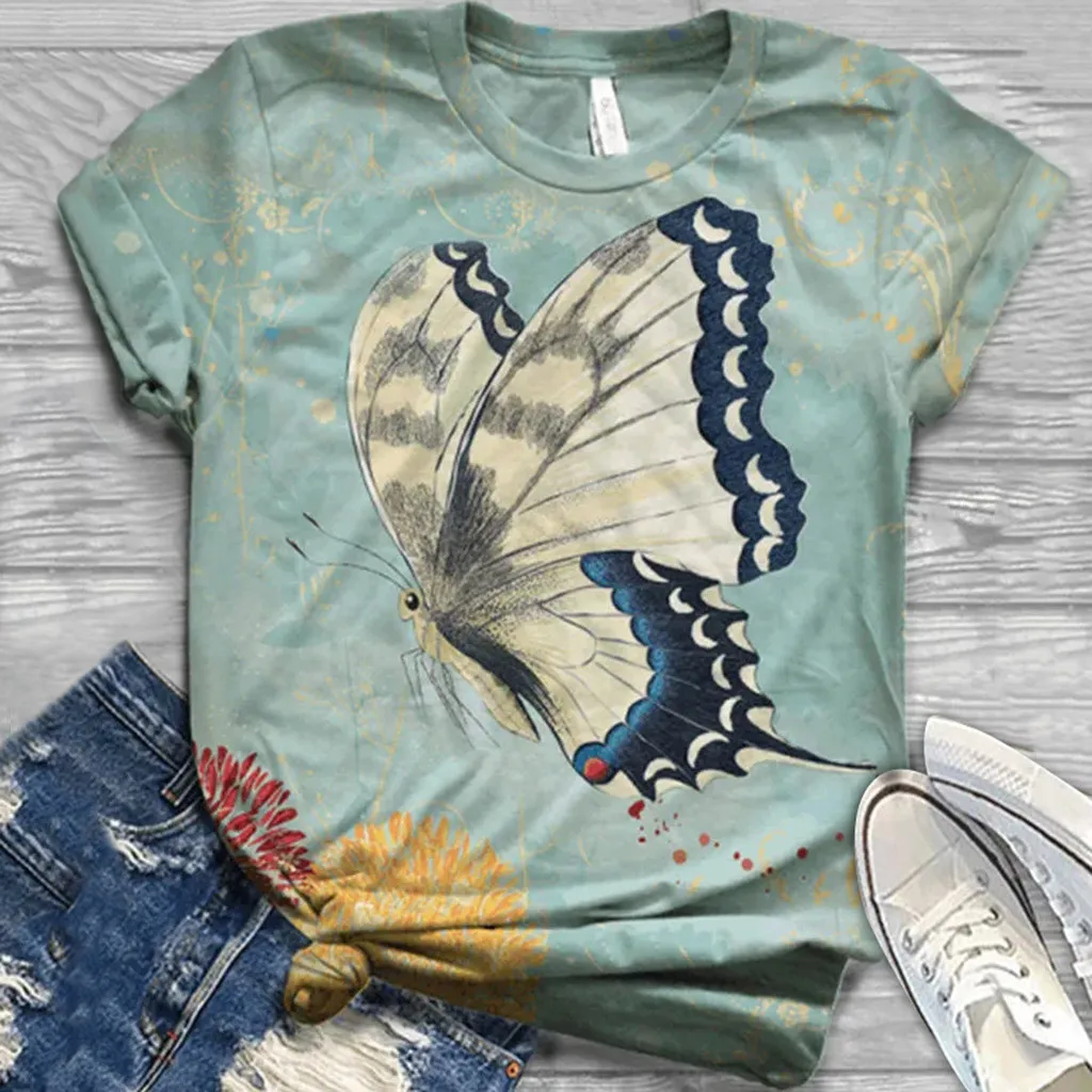Camiseta de gran tamaño con estampado de mariposa 3d para mujer, camisetas divertidas de manga corta con cuello redondo, ropa Harajuku para mujer 2021