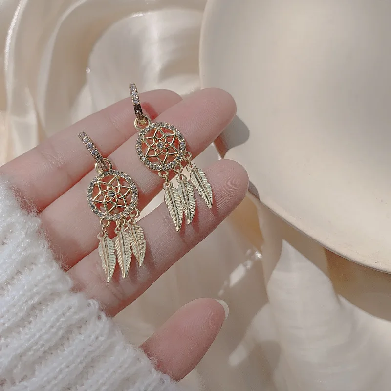 Fancy Hollow Dream Catcher Leaf Feather Shiny Crystals Drop Dangle Earrings For Women Party Jewelry Korean Hanging CZ Earrings