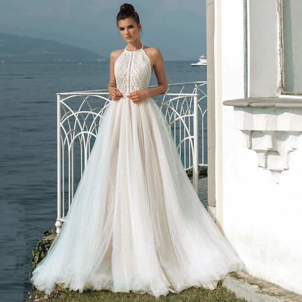 

Sexy Halter Sleeveless Bridal Dresses 2020 Custom Made Lace Applique Tulel A Line Wedding Gown Backless Wedding Dress