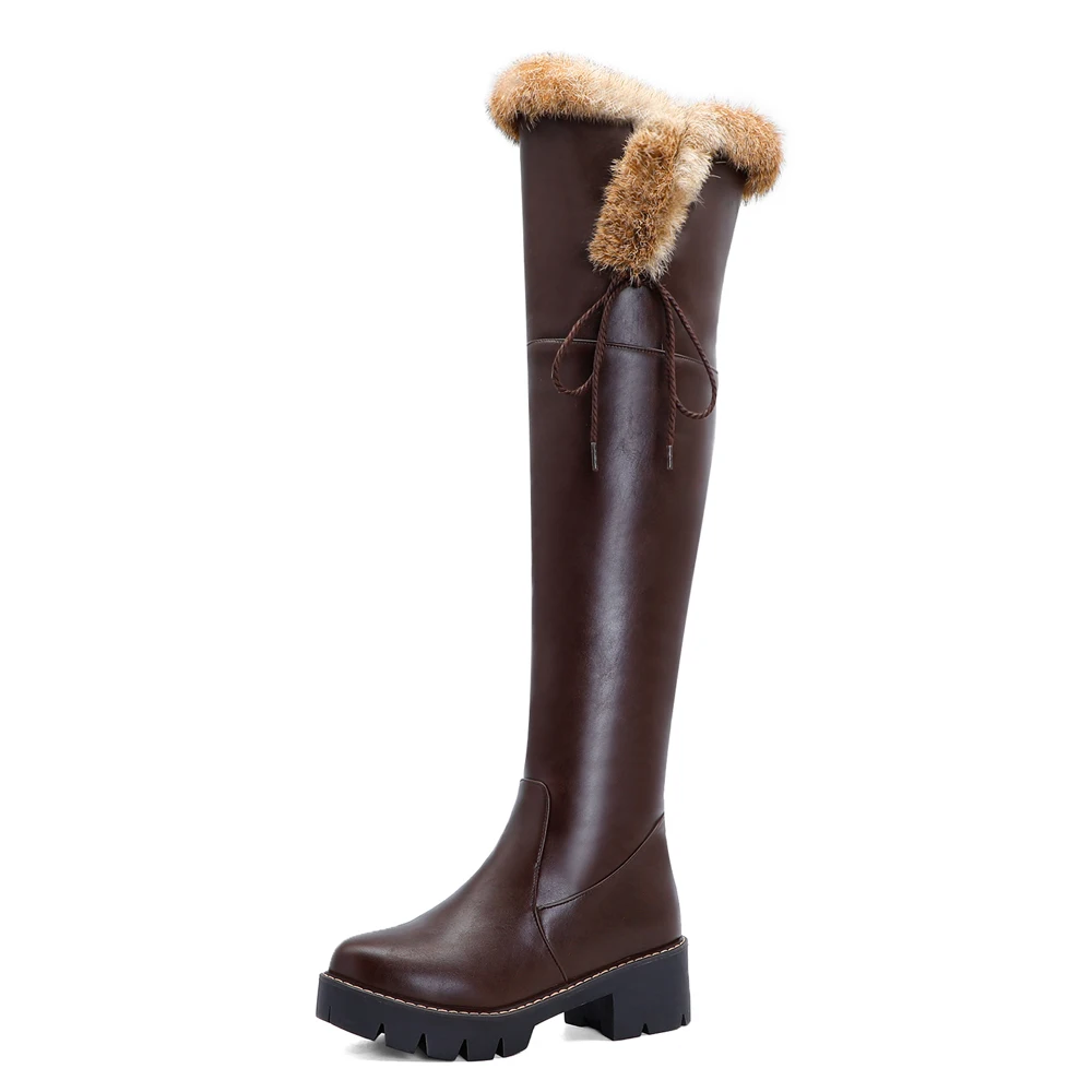 

Low-Heel Round-Toe Faux Fur Over The Knee Boots Thick-Soled Lace-Up Side Zipper Street Punk Womenâ€™S Boots Warm Winter Boots
