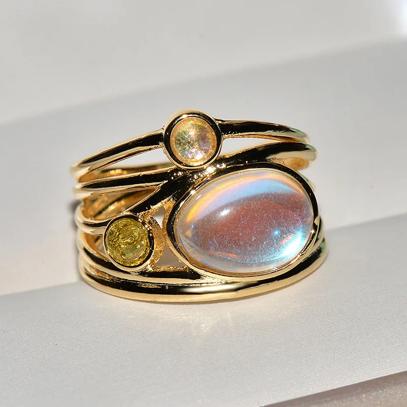 Роскошное женское кольцо с большим овальным кристаллом и лунным камнем, модное обручальное кольцо из желтого золота, винтажные вечерние Обручальные кольца для женщин