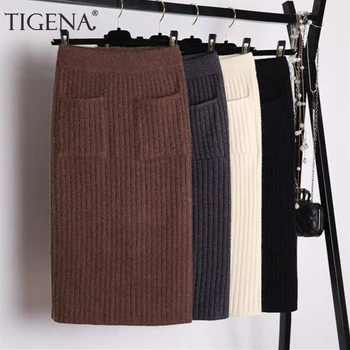 

TIGENA Sexy Split Pencil Skirt Women Fashion 2020 Autumn Winter Korean Elastic High Waist Knitted Midi Long Skirt Female