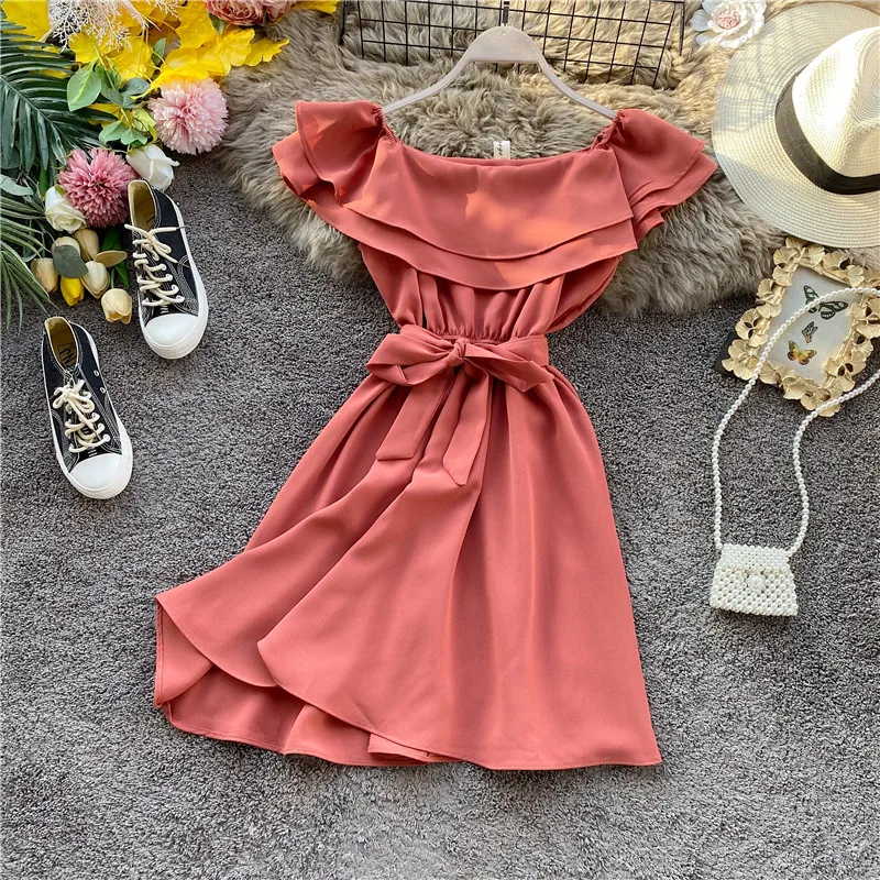 SINGRAIN Summer Women Off Shoulder Dress Bohemian Romantic Ruffle Sundress Party Holiday A-Line Retro Solid Chiffon Beach Dress