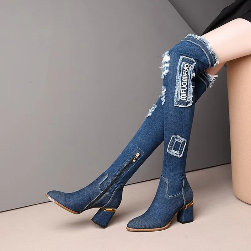 

US4-11 Womens Pointed Toe Denim Jeans Ripped Patchwork Over The Knee Thigh Boots Block Heel Side Zipper Shoes Plus Size A1697