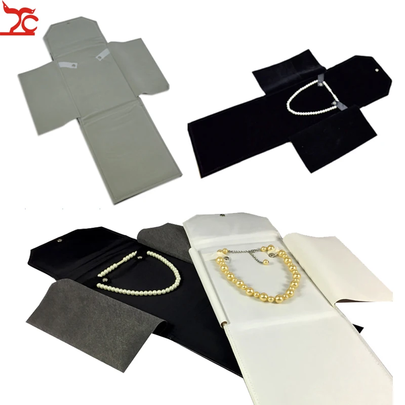 Foldable Square Necklace Travel Roll Bag Velvet Pu Pendant Bead Chain Jewelry Storage Case Pearl Necklace Gift Roll Bag