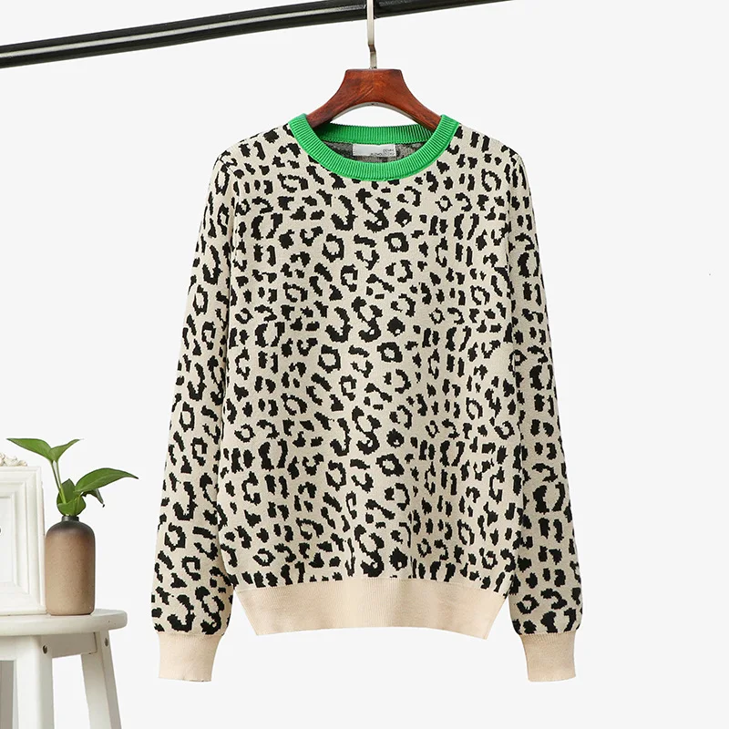 Осень-зима, Леопардовый принт, контрастный свободный женский свитер, повседневный пуловер с длинным рукавом, женские вязаные топы с круглым вырезом, женские свитера