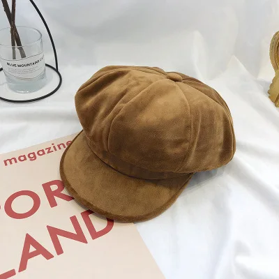Autumn And Winter Velvet Bud Hat WOMEN'S Korean-style-Versatile British-Style Cute Japanese-style Soft Sister Octagon Beret - Цвет: Camel