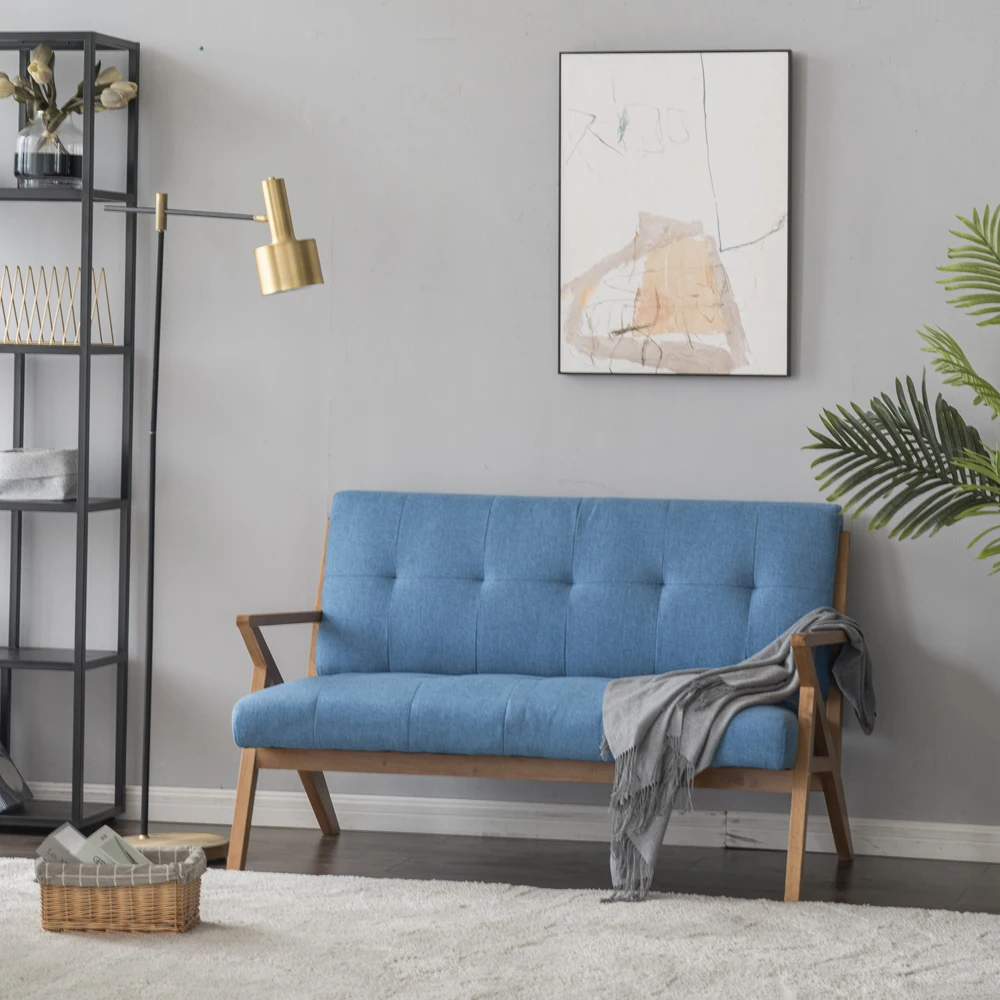 

Simple Apartment Two-Person Sofa Home Living Room Solid Wood K-type Retro Double Sofa Chair Light Blue