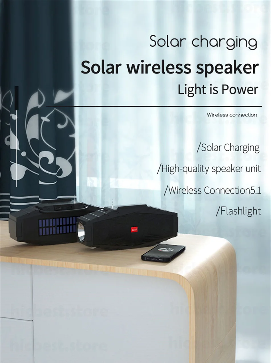 Solar Charging Wireless Speaker With FM Radio LED Flashlight TF Card Support Outdoor Solar Power Blutooth Speaker Beach Boombox