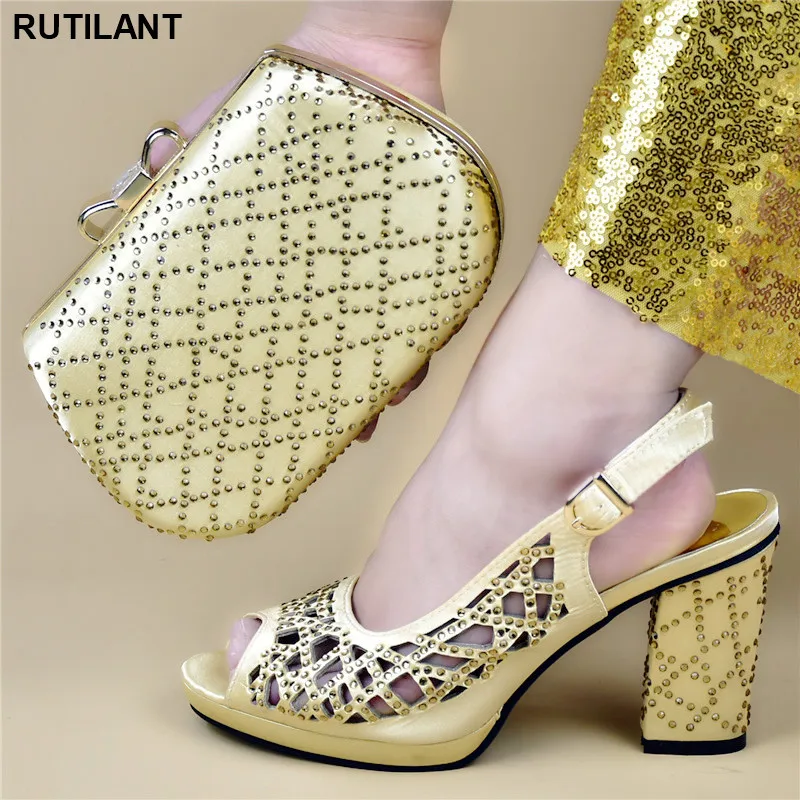 

New Ladies Italian Shoes and Bag Set Decorated with Rhinestone Buckle Strap High Heels Open Toe Sandals African Shoe and Bag Set