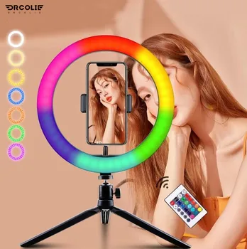 

DR 10-inch Selfie RGB Color Rng Light With Stand Remote Control Tripod Photography LED Lighting 3 Colors Dimmable
