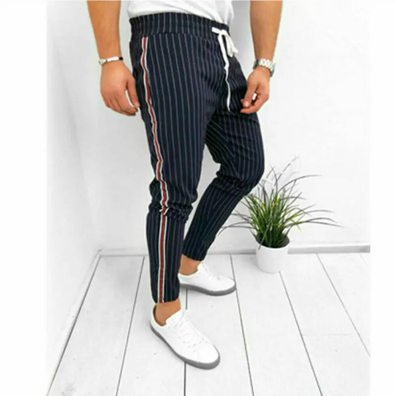 

New Style Men Striped Pattern Drawstring Long Pants Male Skinny Casual Sports Jogging Gym Pants Plus Size